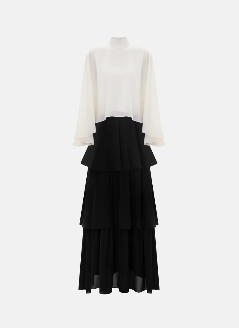 Lichi Maxi dress with contrasting cape and tiered skirt