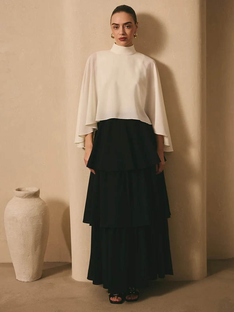 Lichi  Maxi dress with contrasting cape and tiered skirt for Women | Best Price UAE
