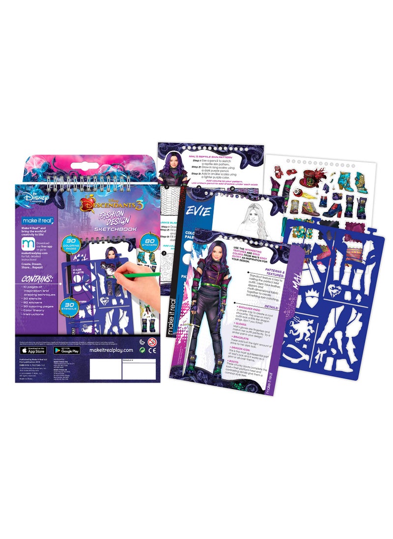 Make It Real Disney Descendants 3 Fashion Design Sketchbook for Girls - Create Outfits with Evie & More, Includes Stencils, Stickers, Design Guide - Gift for Kids Ages 6+, Develops Real-World Skills Make it Real  - Image 2