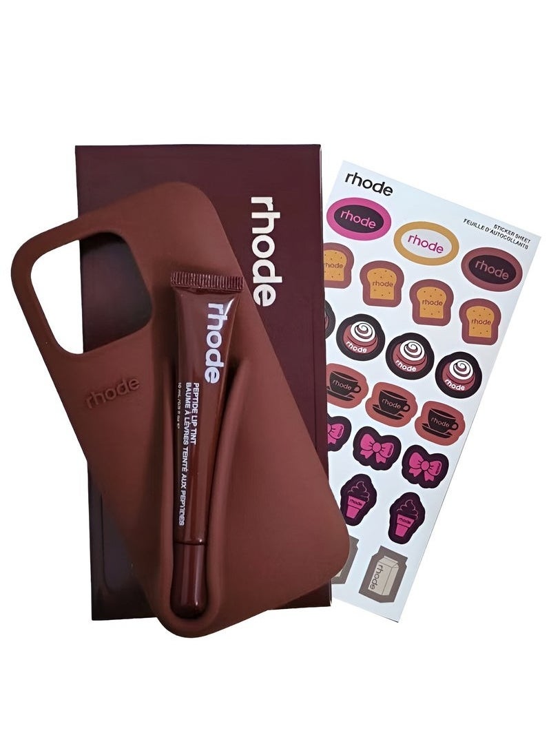 rhode - Phone Case Combo for iPhone 15 Pro Max – Peptide Lip Gloss + Silicone Cover for iPhone 15 Pro Max with Tote Bag & Stickers – Stylish Gift Set for Girls & Women – Perfect for Birthdays, Holidays, and Special Occasions Chocolate - Image 1