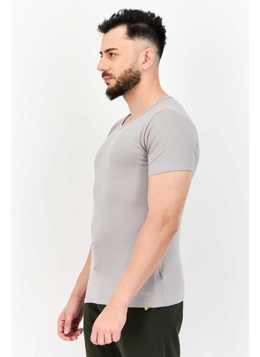sloggi Men 2 Pieces Round Neck Short Sleeve Brand Logo Undershirt, Grey  - Image 3