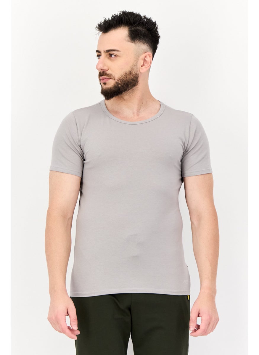 sloggi Men 2 Pieces Round Neck Short Sleeve Brand Logo Undershirt, Grey  - Image 1