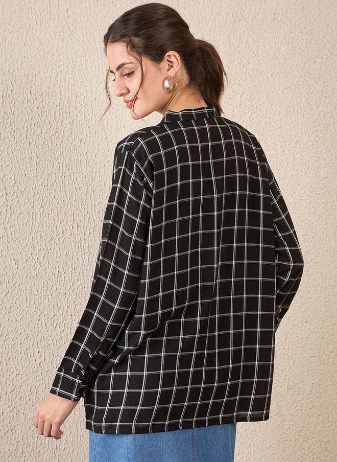 CHIMPAAANZEE Women Oversized Fit Windowpane Checked Spread Collar Casual Shirt - Image 5