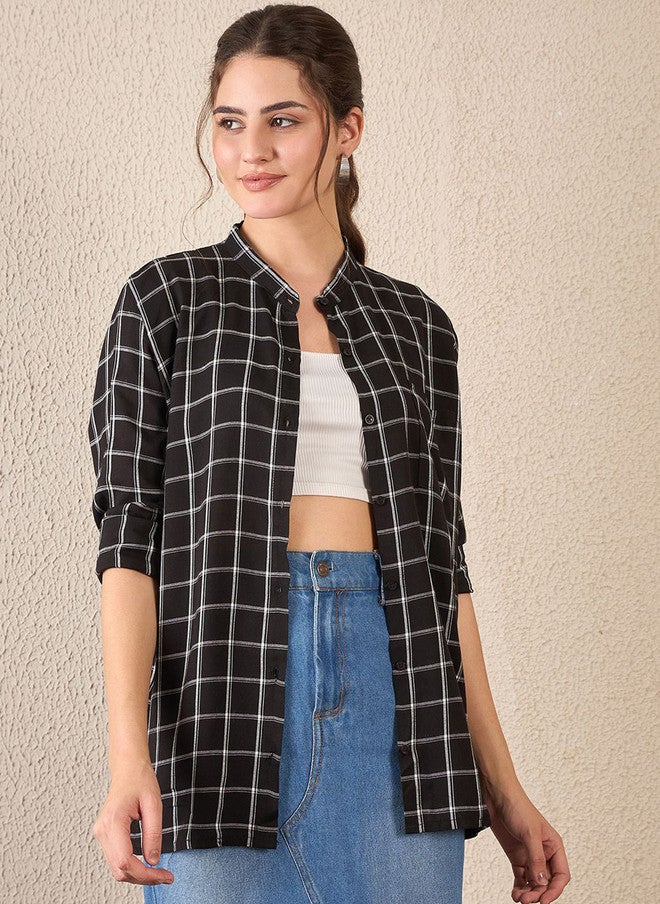 CHIMPAAANZEE Women Oversized Fit Windowpane Checked Spread Collar Casual Shirt - Image 2