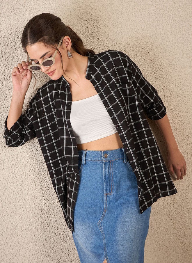 CHIMPAAANZEE Women Oversized Fit Windowpane Checked Spread Collar Casual Shirt - Image 1