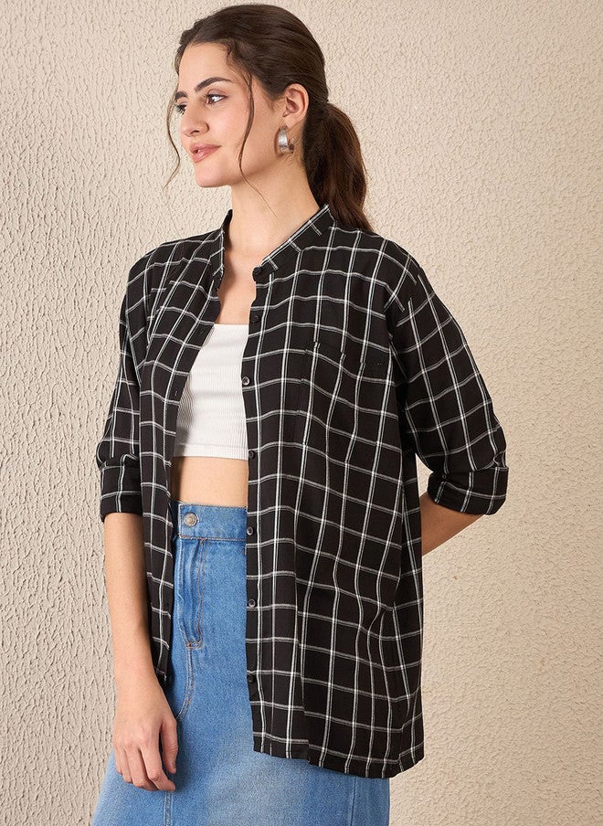 CHIMPAAANZEE Women Oversized Fit Windowpane Checked Spread Collar Casual Shirt - Image 4
