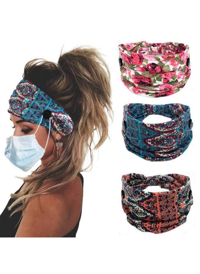 Bohend Boho Button Headband Wide Stretchy Daily Use Knotted Headwear Sport Athletic Yoga Gym Hair Accessories For Women And Girls(3Pcs) (A) - Image 1