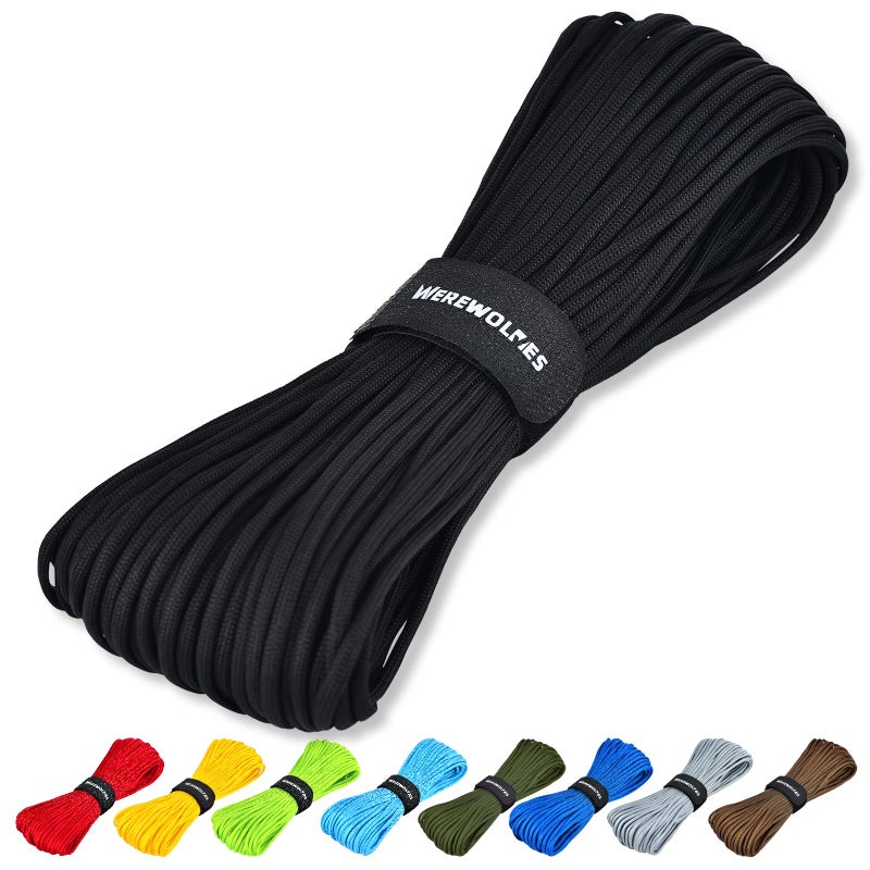 WEREWOLVES Paracord Rope, 7 Strand Type III Parachute Cord 4mm 100ft / 200ft for Crafting, DIY Projects, Survival Bracelets (Black, 100 ft) - Image 1