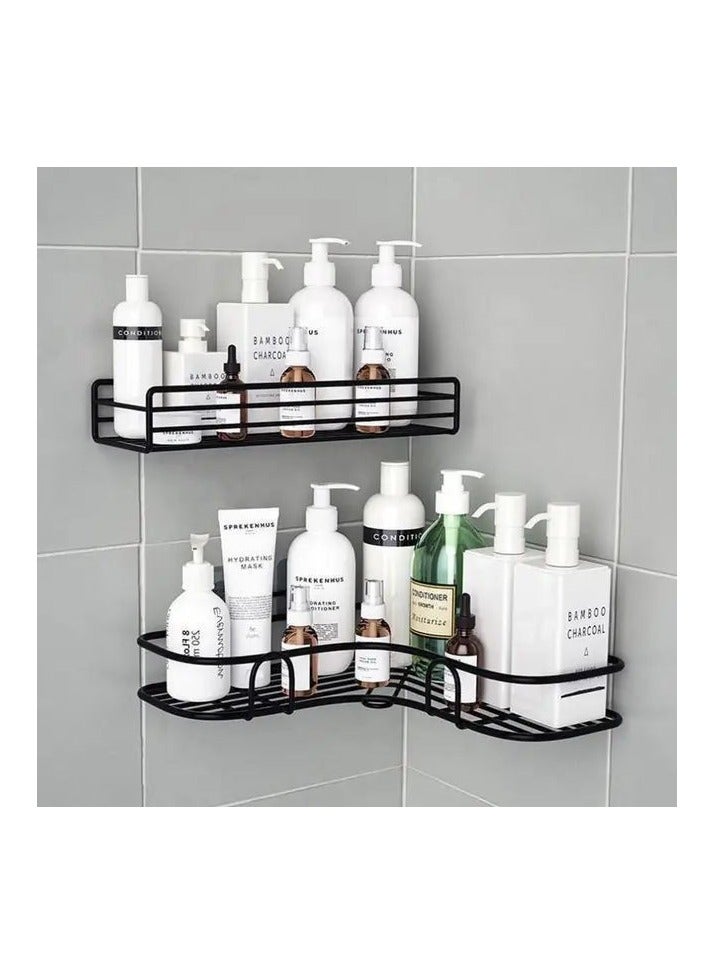 Metal bathroom corner shelf with rust-resistant adhesive sticker with a basket design to prevent water from accumulating in it to organize all bathroom accessories. Painted with high-quality paint - Corner Shower Shelf, Self Adhesive No Drilling Wall Mounted Shower Storage Shelf Organizer For Bathroom, Kitchen And Toilet，Iron