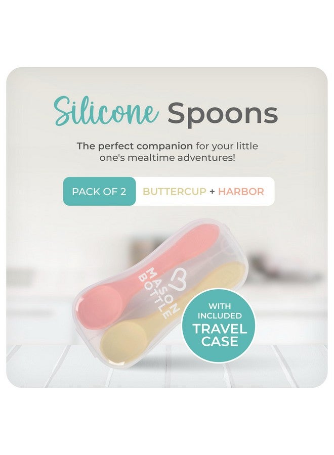 Mason Bottle Silicone Baby Spoons (2-Pack) - BPA-Free Feeding Utensils for Babies 6-12 Months - Puree Spoons with Case, Non-Toxic, Dishwasher Safe (Buttercup & Harbor) - Image 1