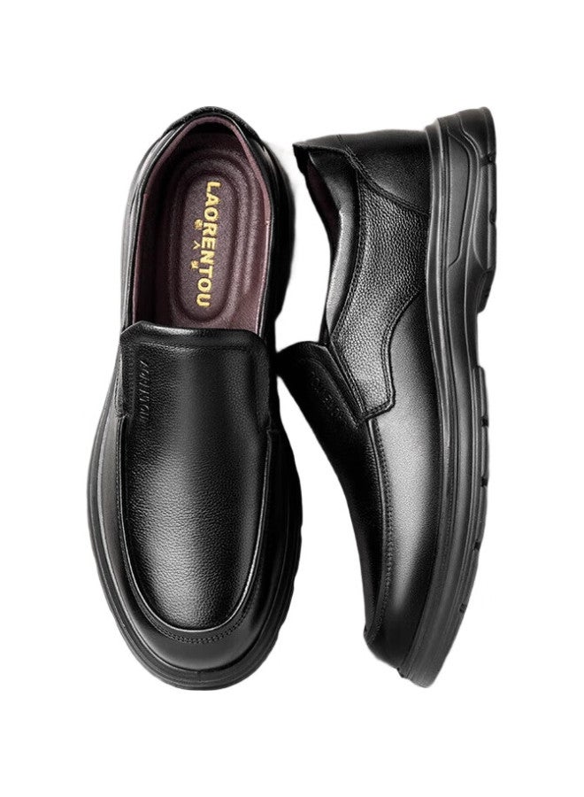 LAORENTOU Men'S Leather Shoes Business Casual Shoes Top Layer Cowhide Slip-On Shoes Non-Slip Round Toe Dad Shoes La97 Black 40 - Image 3