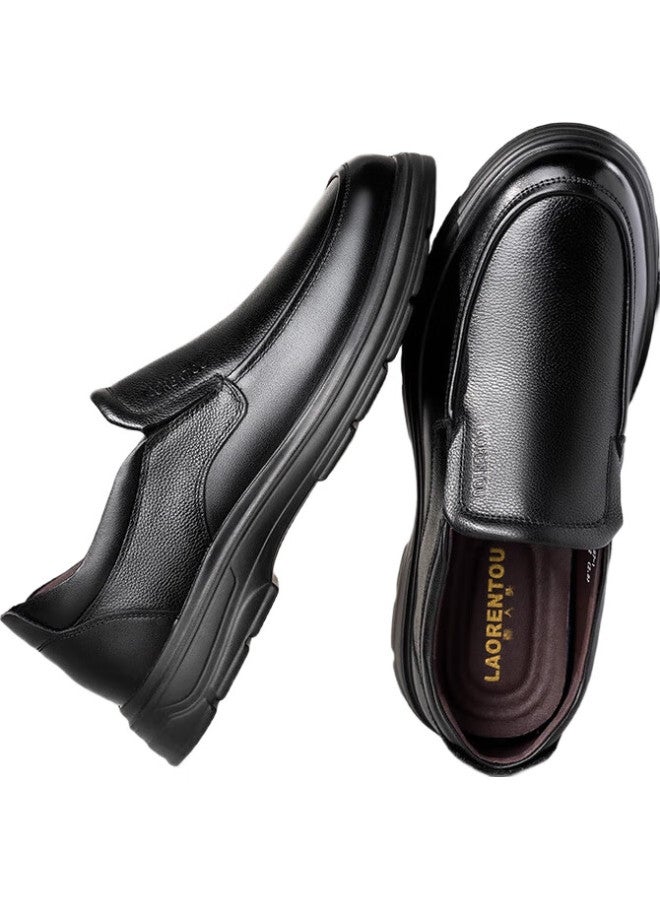 LAORENTOU Men'S Leather Shoes Business Casual Shoes Top Layer Cowhide Slip-On Shoes Non-Slip Round Toe Dad Shoes La97 Black 40 - Image 2