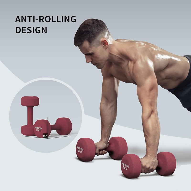 PROIRON Neoprene Dumbbells Set Weights Exercise & Fitness Dumbbells (8kg×2 Red Wine) - Image 4