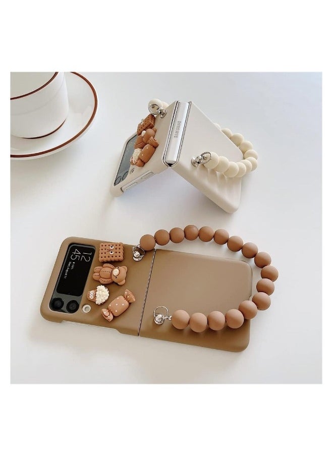 Generic - Samsung Galaxy Z Flip 4 Case, 3D Cute Candy Bear Toys Bracelet Phone Cases, Hard Cover Hand Chain Shell Wristband, Anti-Fall Protective Phone Cover, Brown - Image 1
