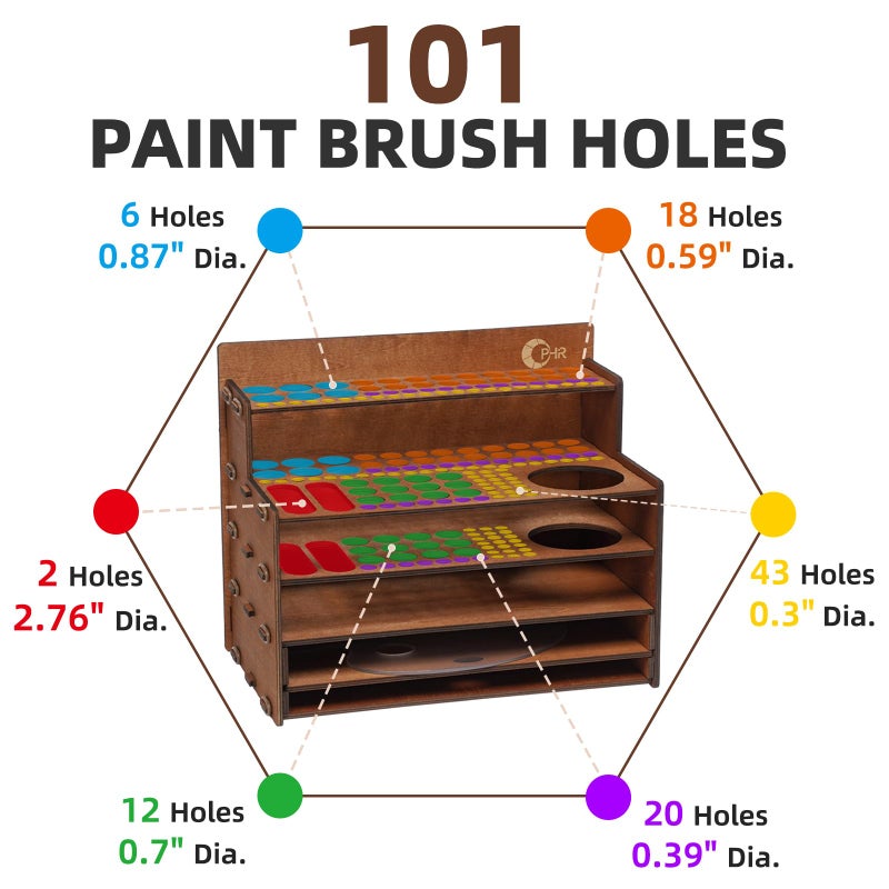 OPHIR Paint Brush Holder, 101 Holes Wooden Paint Brush Organizer with A Mini Acrylic Painting Palette & Cleaner Cup for Painting Brushes, Markers, Colored Pencils Organizer - Image 3