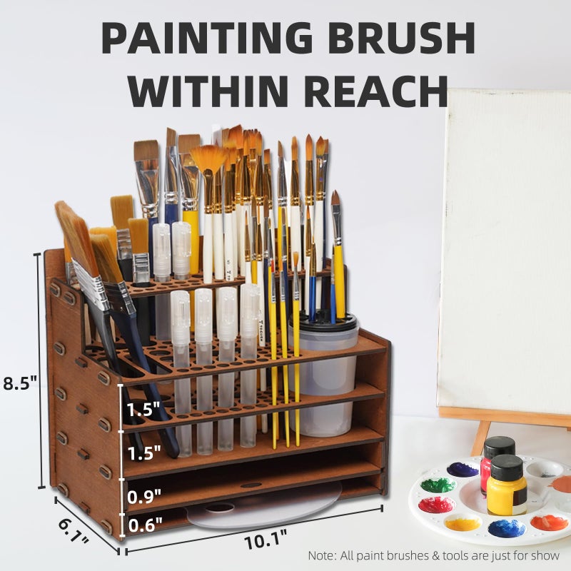 OPHIR Paint Brush Holder, 101 Holes Wooden Paint Brush Organizer with A Mini Acrylic Painting Palette & Cleaner Cup for Painting Brushes, Markers, Colored Pencils Organizer - Image 2