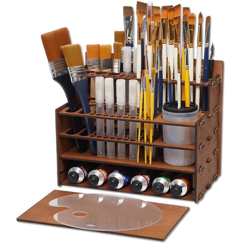 OPHIR Paint Brush Holder, 101 Holes Wooden Paint Brush Organizer with A Mini Acrylic Painting Palette & Cleaner Cup for Painting Brushes, Markers, Colored Pencils Organizer - Image 1