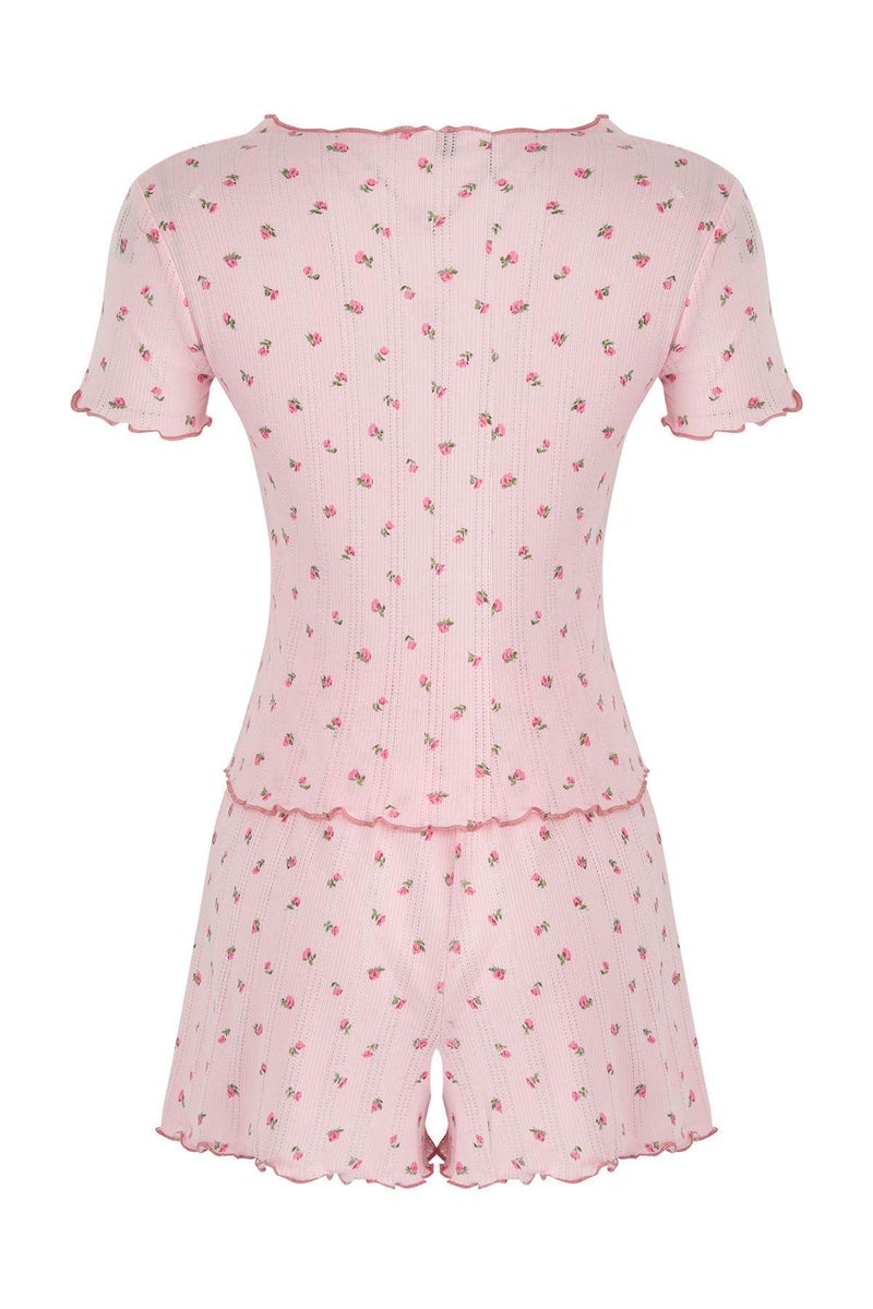 trendyol Pink 100% Cotton Floral Ribbon/Bow Ribbed Shorts Knitted Pajamas Set - Image 5