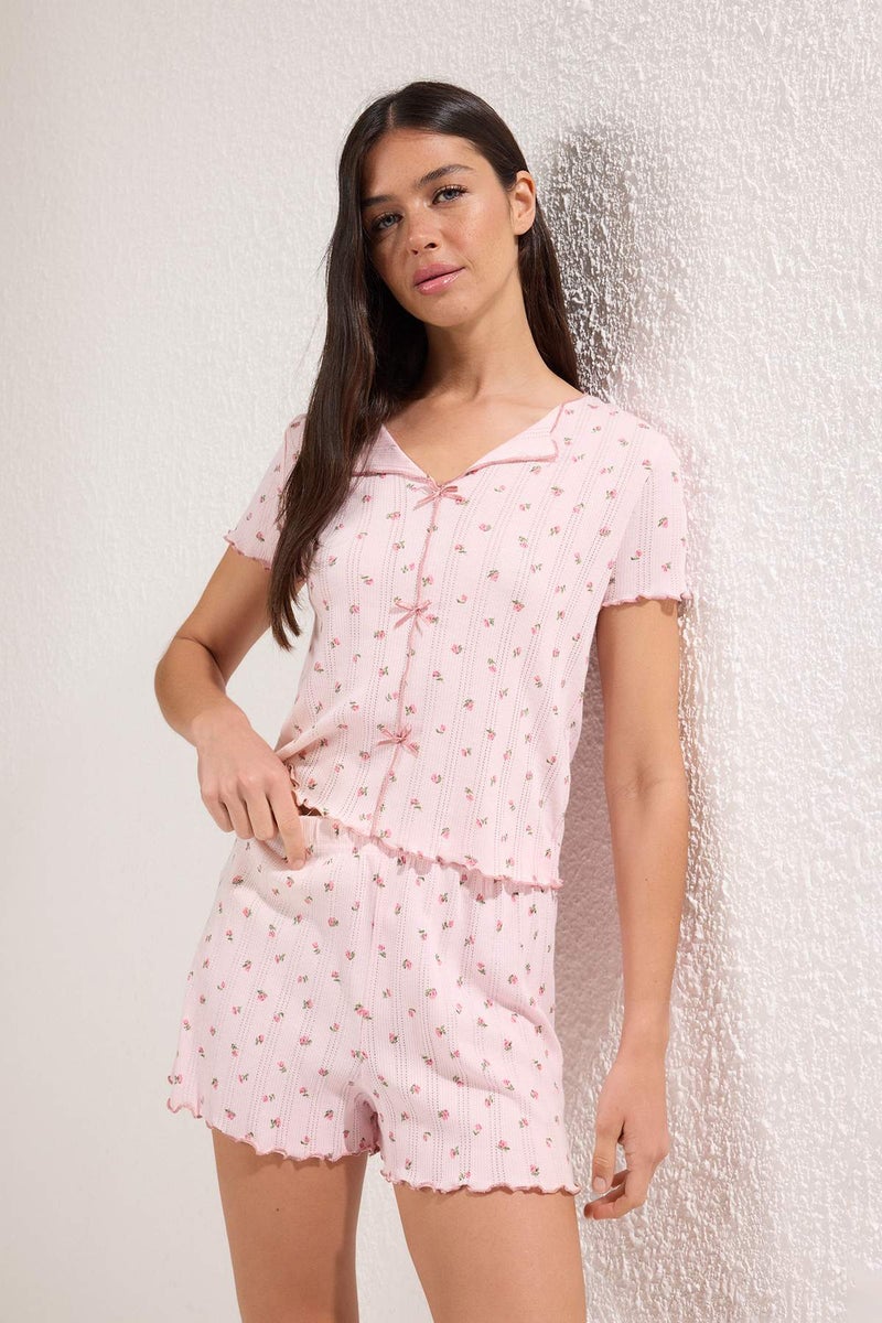 trendyol Pink 100% Cotton Floral Ribbon/Bow Ribbed Shorts Knitted Pajamas Set - Image 2