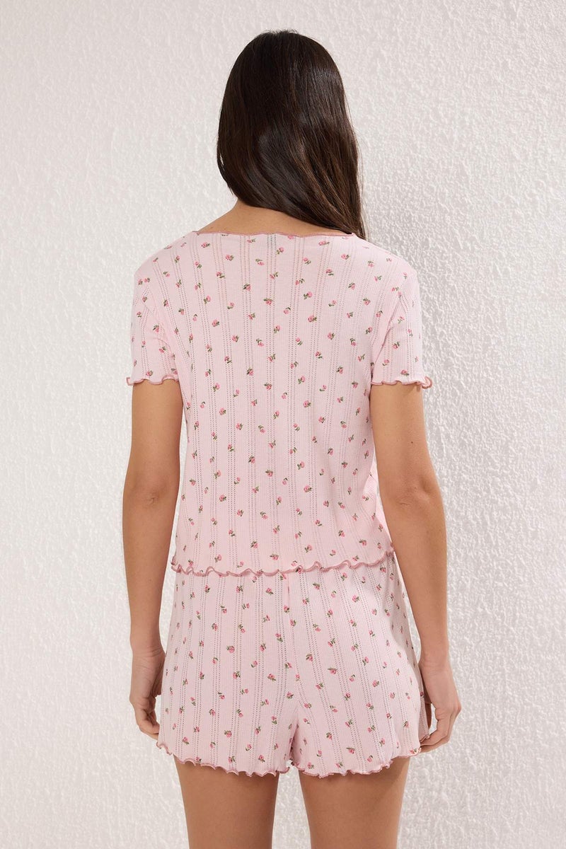 trendyol Pink 100% Cotton Floral Ribbon/Bow Ribbed Shorts Knitted Pajamas Set - Image 4