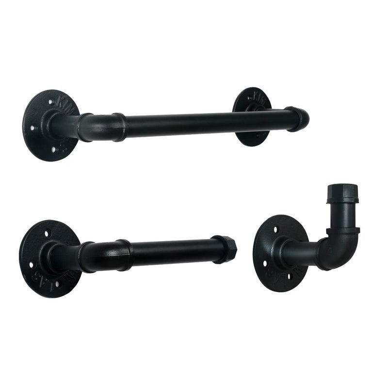 HouseAid 3Pieces Industrial Pipe Towel Holder Set Rustic Steel Towel Rack Kit Farmhouse Vintage Style Towel Bar Accessories for Bathroom Wall Mounted Matte Black
