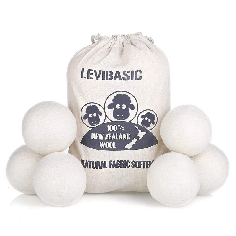LEVIBASIC Wool Dryer Balls 6 Pack XL 3 Genuine New Zealand Wool to Core 100 Organic Fabric Softener Alternative Baby Safe Chemical Free Reduce Wrinkles Shorten Drying Time White6pcs