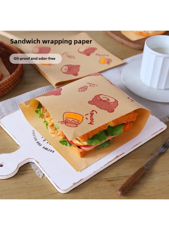 Sandwich Kraft Paper Bag Waterproof Oil Absorbing Food Hamburger Hand Cake Disposable Packaging Bag Toast Triangle Bag-Color:50 Sheets-Specifications:Lemon Bear  - Image 3