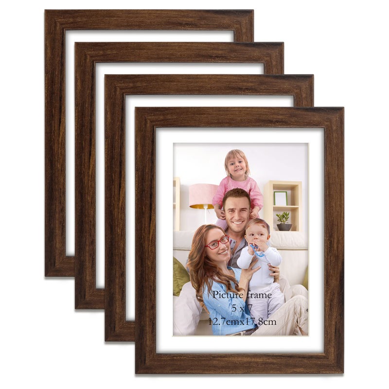Giftgarden Brown 5x7 Picture Frame Set of 4 6x8 Matted to 5x7 Photo Rustic Walnut Frames with Mat for Wall or Tabletop