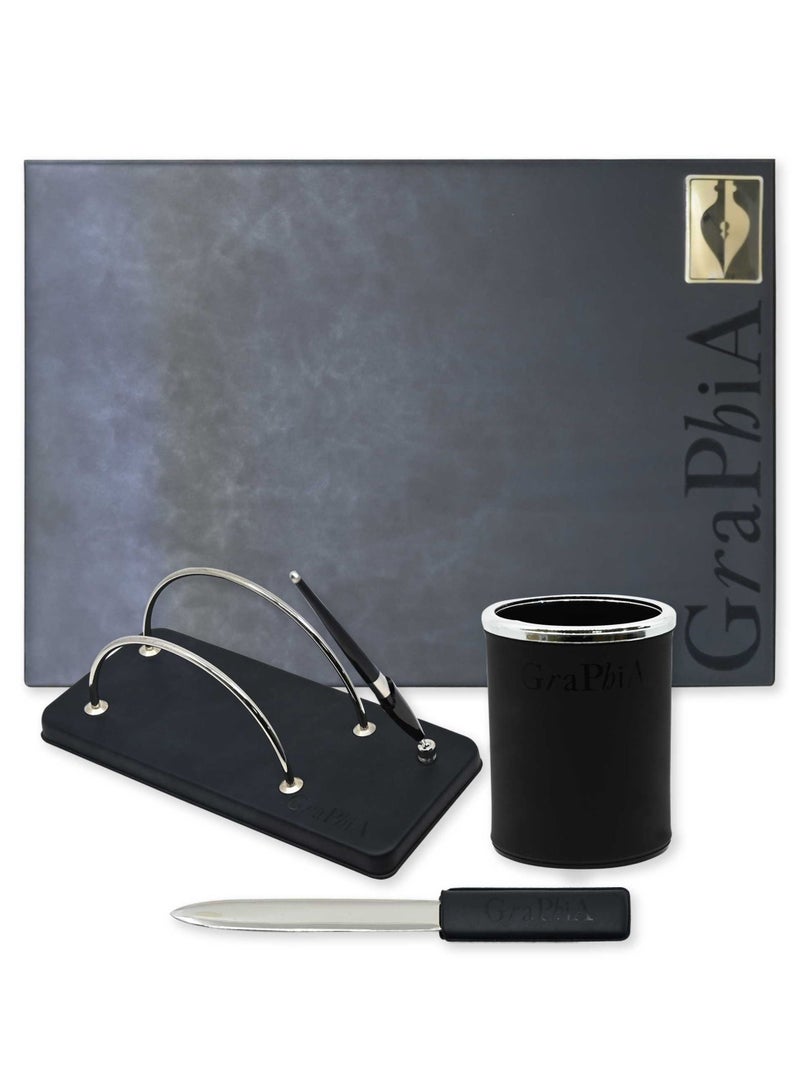 FIS 4 Pieces Desk Sets (Desk Blotter, Envelope Holder, Pen Holder, Letter Opener) Colour Graphia Black - UADS10011EGP - Image 1