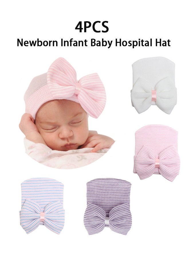 GMORO Newborn Hats,Newborn Baby Hospital Hats,Nursery Beanies with Bow Knot,Purple,Blue,White,Pink 4 Pack, First Hats Knitted Hats for Baby Girls Boys  - Image 1