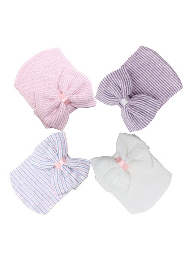 GMORO Newborn Hats,Newborn Baby Hospital Hats,Nursery Beanies with Bow Knot,Purple,Blue,White,Pink 4 Pack, First Hats Knitted Hats for Baby Girls Boys  - Image 2
