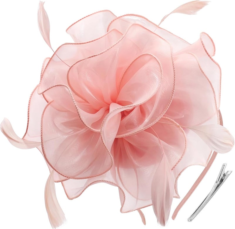 DRESHOW Fascinators Hat Flower Mesh Ribbons Feathers on a Headband and a Clip Tea Party Headwear for Girls and Women - Image 1