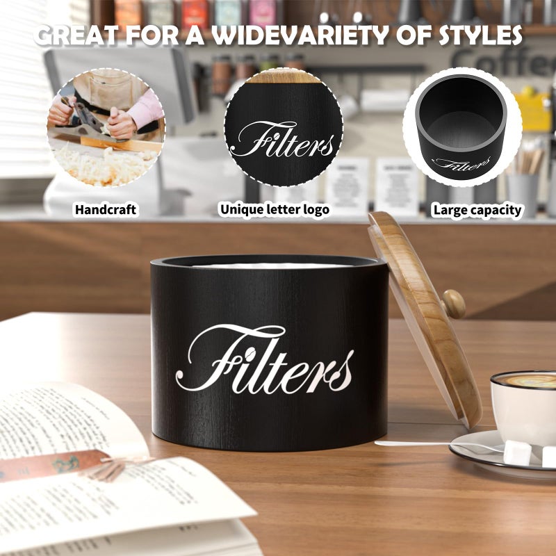 CORTNK Wooden Coffee Filter Holder with Lid - Round Storage Container for Counter - Rustic Farmhouse Coffee Bar Accessories (Black) - Image 2