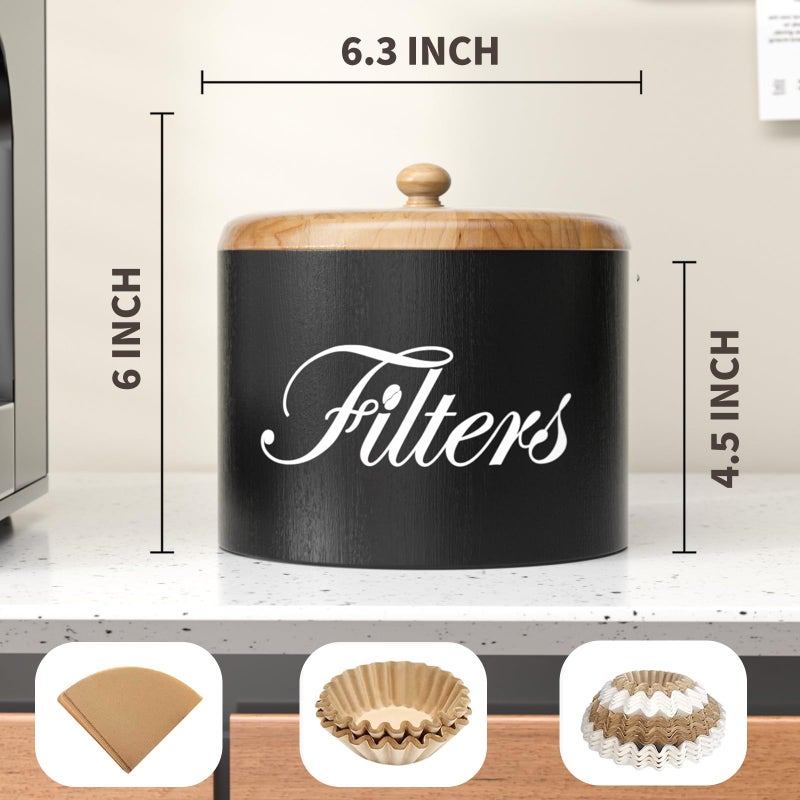 CORTNK Wooden Coffee Filter Holder with Lid - Round Storage Container for Counter - Rustic Farmhouse Coffee Bar Accessories (Black) - Image 5