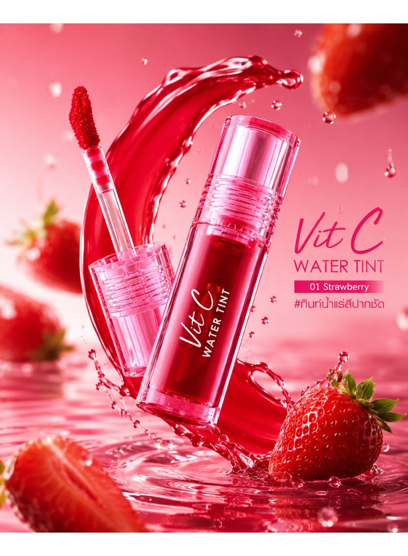 Cathy Doll Vit C Water Tint 01 Strawberry, Long Lasting Hydrating Lip Tint with Vitamin C & Vitamin B5 for Glossy Natural Lips - Image 4