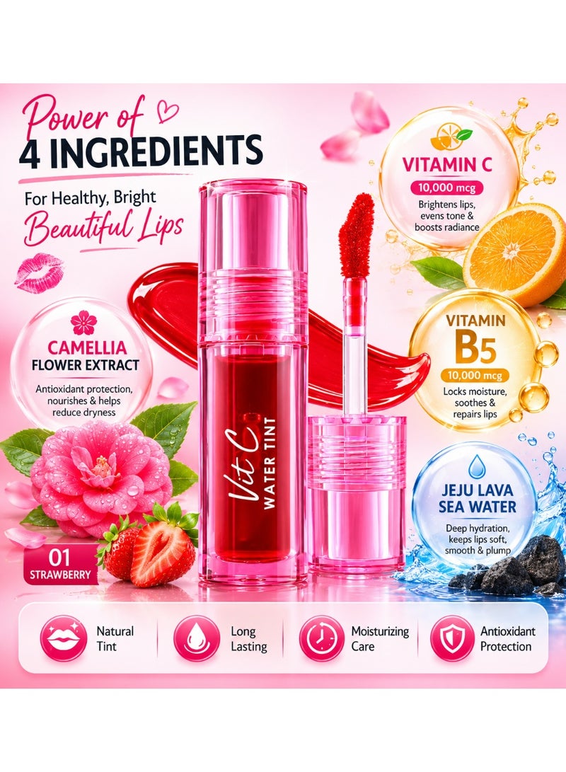 Cathy Doll Vit C Water Tint 01 Strawberry, Long Lasting Hydrating Lip Tint with Vitamin C & Vitamin B5 for Glossy Natural Lips - Image 3