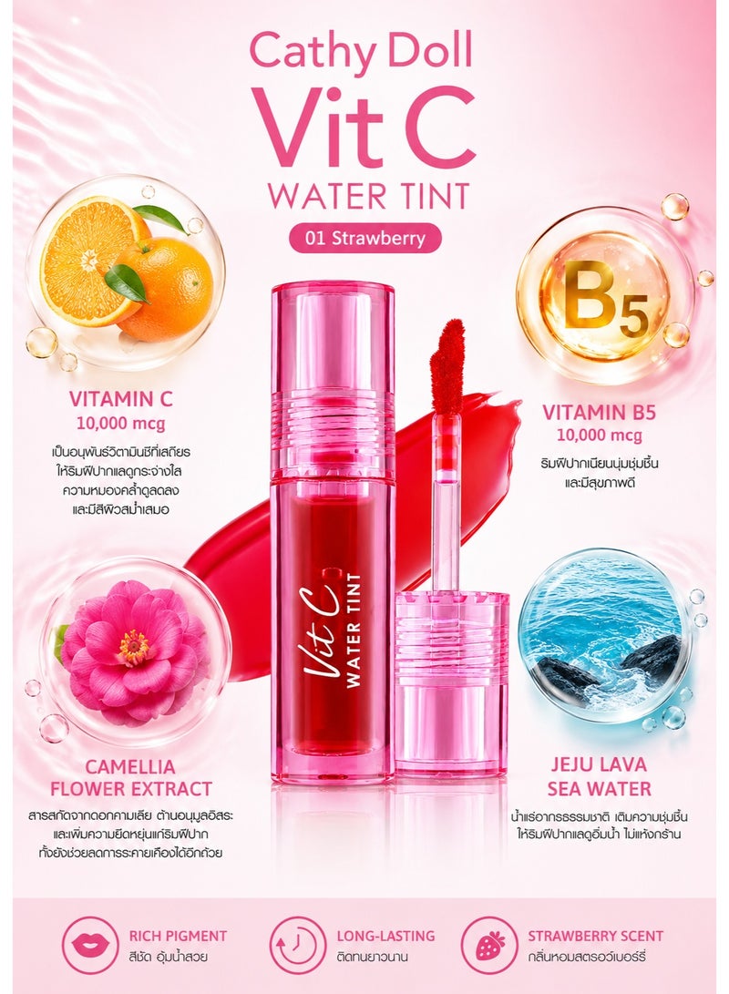 Cathy Doll Vit C Water Tint 01 Strawberry, Long Lasting Hydrating Lip Tint with Vitamin C & Vitamin B5 for Glossy Natural Lips - Image 2