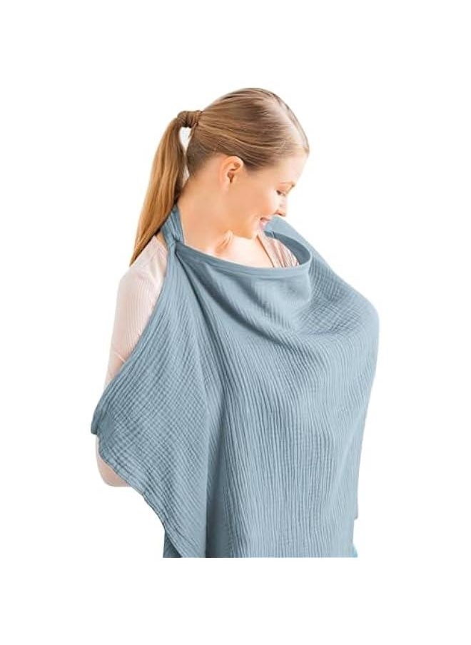 HOOKOR Muslin Nursing Cover for Baby Breastfeeding, Breathable 100% Cotton Breastfeeding Cover with Rigid Hoop for Mother Nursing Apron, Multi-use Carseat Canopy (Blue)  - Image 1