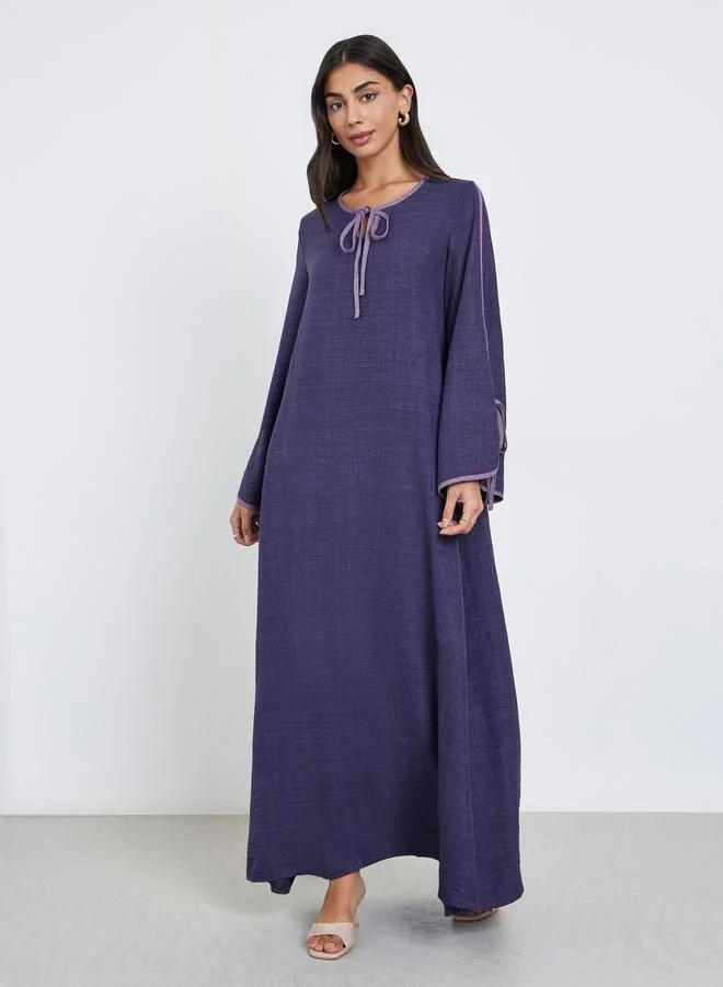 Amirah Amirah Purple Tie-Up Detail Jalabiya with Contrast Piping