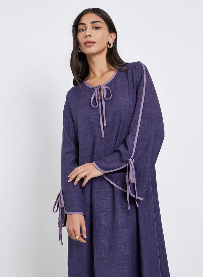 Amirah Amirah Purple Tie-Up Detail Jalabiya with Contrast Piping