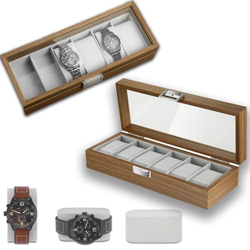 KLIFFOO Watch Box Organizer – 6 Slots Display Case with Glass Lid, Wooden, Soft Velvet Interior – Elegant Wrist Watch Storage Box for Men's & Women's Watches, Jewelry & Accessories Collection Case - Image 1