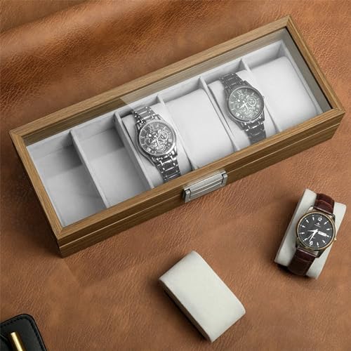 KLIFFOO Watch Box Organizer – 6 Slots Display Case with Glass Lid, Wooden, Soft Velvet Interior – Elegant Wrist Watch Storage Box for Men's & Women's Watches, Jewelry & Accessories Collection Case - Image 2