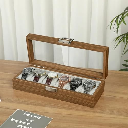 KLIFFOO Watch Box Organizer – 6 Slots Display Case with Glass Lid, Wooden, Soft Velvet Interior – Elegant Wrist Watch Storage Box for Men's & Women's Watches, Jewelry & Accessories Collection Case - Image 3