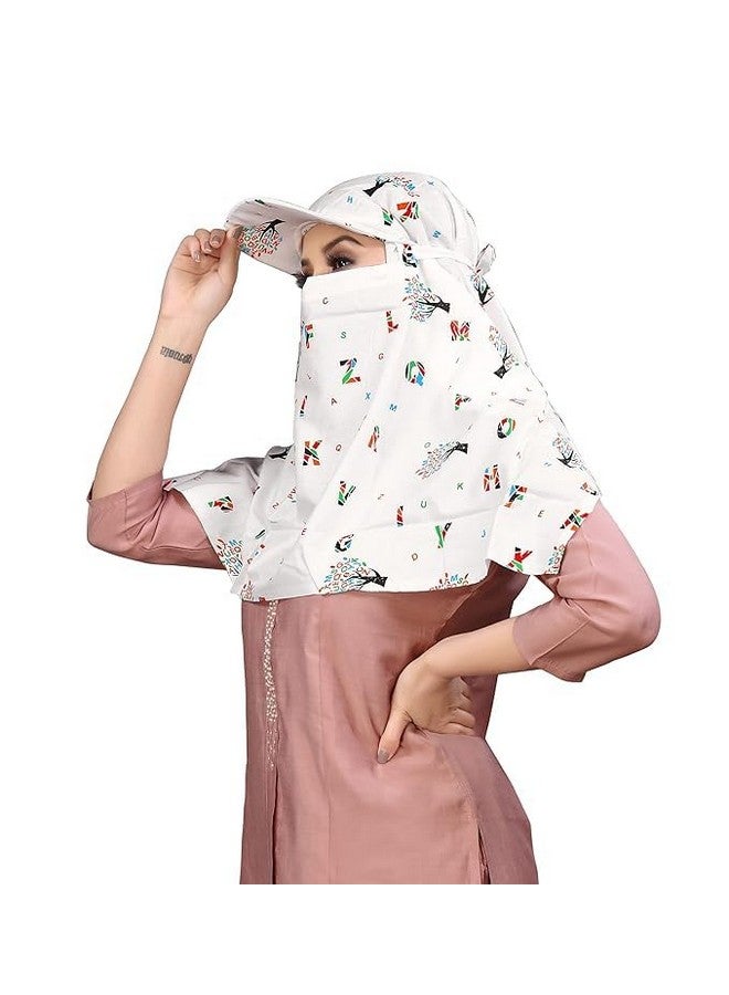 Vrunshi Female Cotton Rayon Women's Scarf Cum Mask Universal Size/Usable For Vehicle Driver For Sunlight Uv Protection/White Printed Design (Cap_Abcd, Free) - Image 1