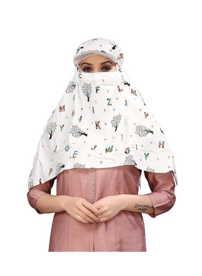 Vrunshi Female Cotton Rayon Women's Scarf Cum Mask Universal Size/Usable For Vehicle Driver For Sunlight Uv Protection/White Printed Design (Cap_Abcd, Free) - Image 2