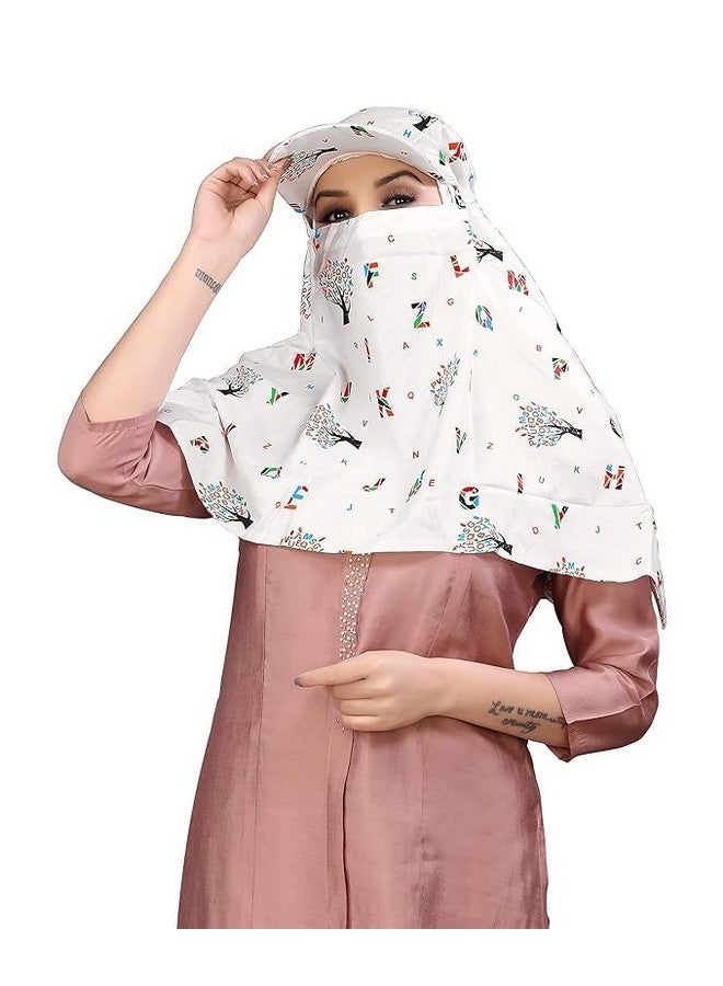 Vrunshi Female Cotton Rayon Women's Scarf Cum Mask Universal Size/Usable For Vehicle Driver For Sunlight Uv Protection/White Printed Design (Cap_Abcd, Free) - Image 3