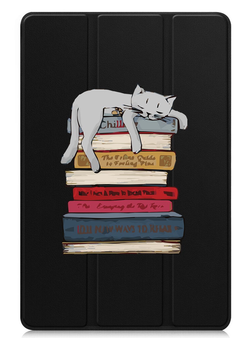 Theodor Protective Flip Case For Apple iPad Pro 11 (2024) With Trifold Stand Auto Wake Sleep Shockproof Cover Cat on books - Image 1