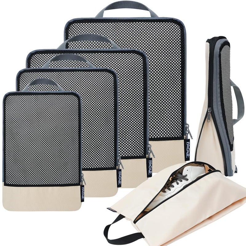 BAGAIL 4 Set/6 Set Compression Packing Cubes Travel Accessories Expandable Packing Organizers(Beige HalfMesh 6 Set) - Image 1
