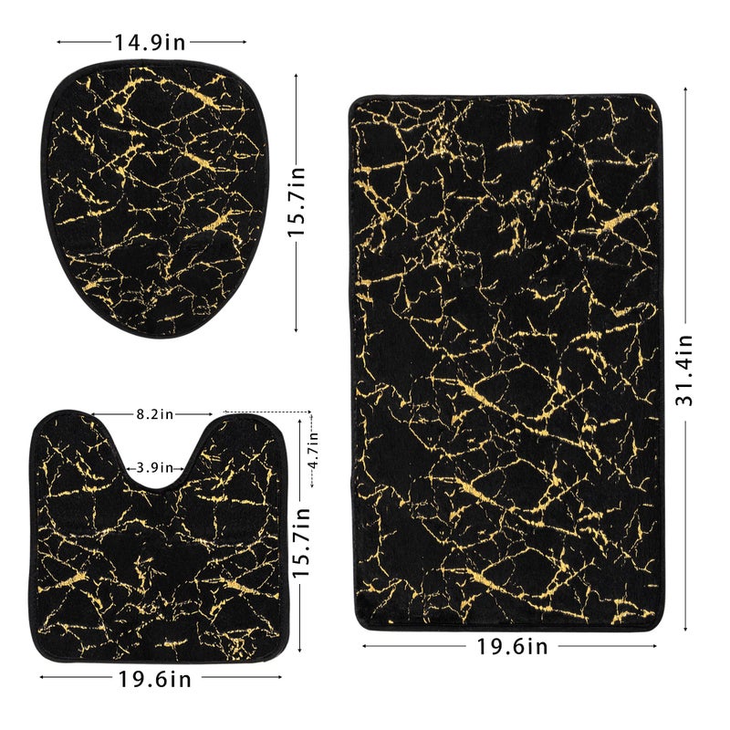Eanpet Marble 3-Piece Nonslip Black Gold Bathroom Rugs and Mats Set - Soft, Washable, Water Absorbent Shower Rug with U-Shaped Contour and Toilet Lid Cover - Image 2