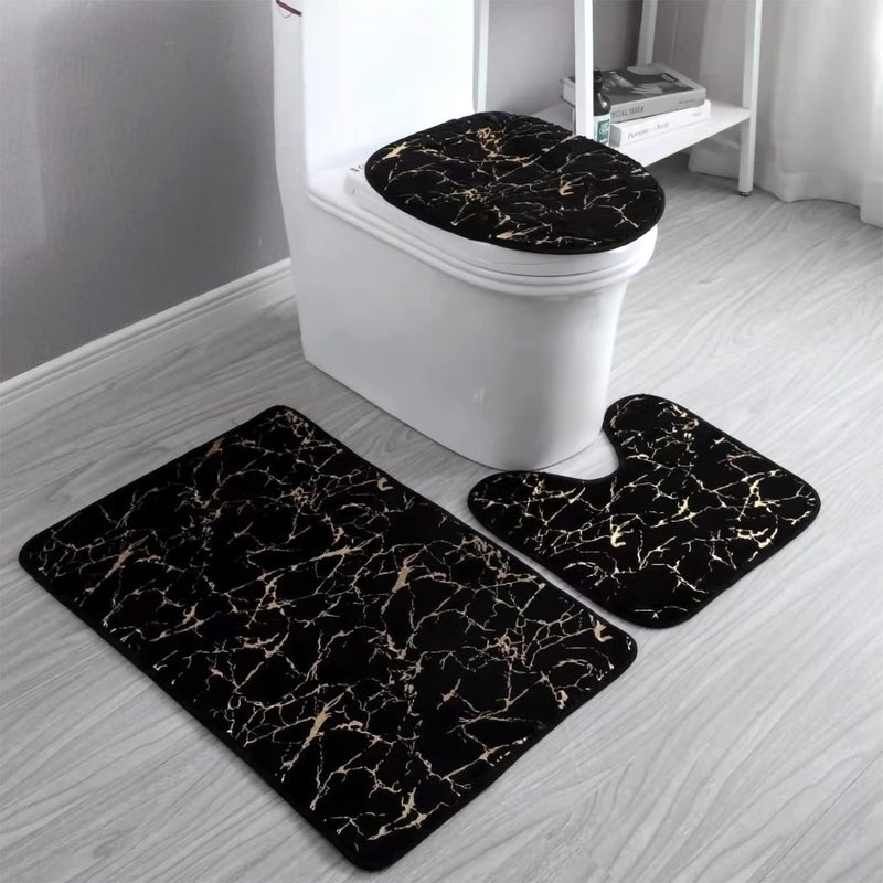 Eanpet Marble 3-Piece Nonslip Black Gold Bathroom Rugs and Mats Set - Soft, Washable, Water Absorbent Shower Rug with U-Shaped Contour and Toilet Lid Cover - Image 1